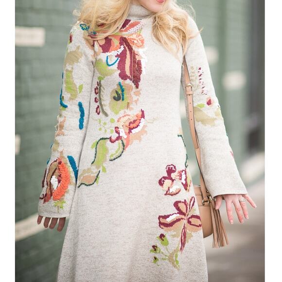 Anthropologie Knitted & Knot Embroidered Petals Turtleneck Swing Sweater Dress - Picture 1 of 15
